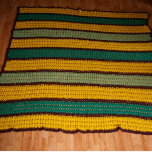 Striped Crochet Afghan Blanket Throw Green Yellow - Picture 2 of 6